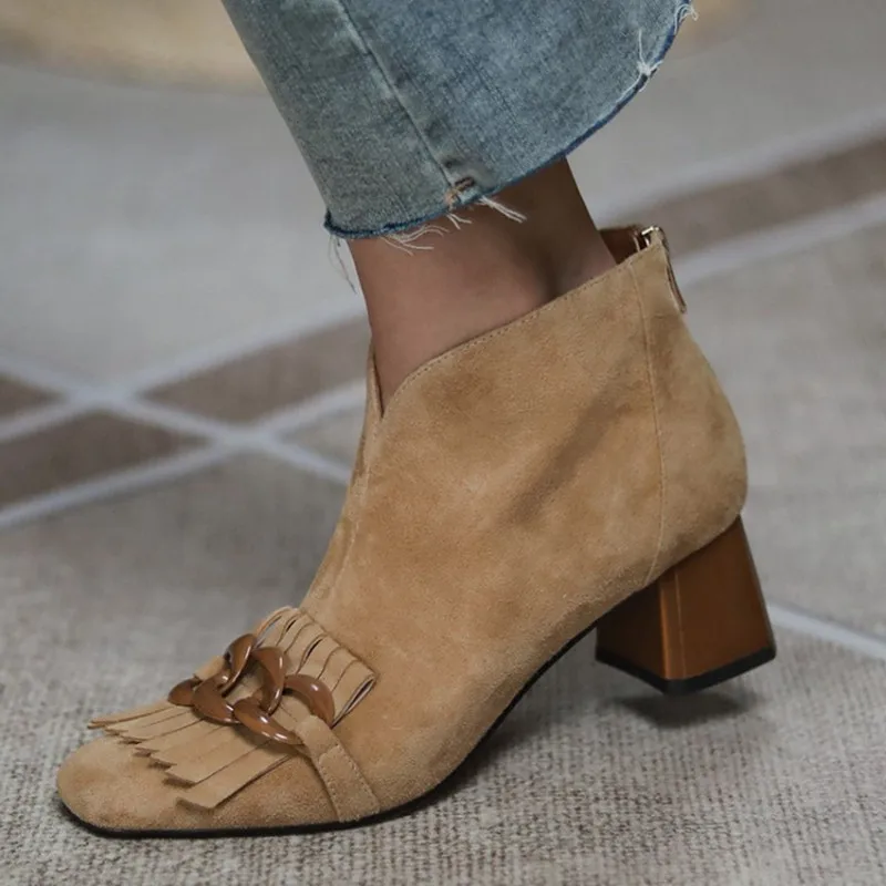 

2023 Autumn/Winter Women Boots Sheep Suade Round Toe Square Heel Mid-Heel Ankle Boots Fringed Zipper Fashion Office Lady Shoes