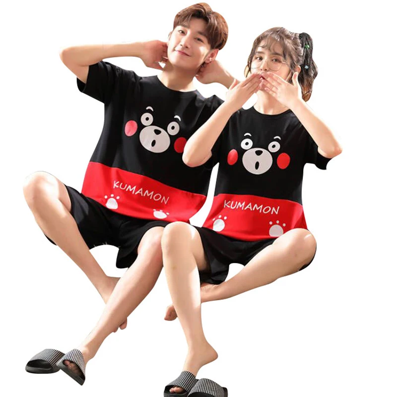 Couple Pajamas Sets Women Pijama Cotton Korean Men Sleepwear Kawaii Cartoon Bear Short Sleeve Lovers Night-Clothes 2PCS Nightwea