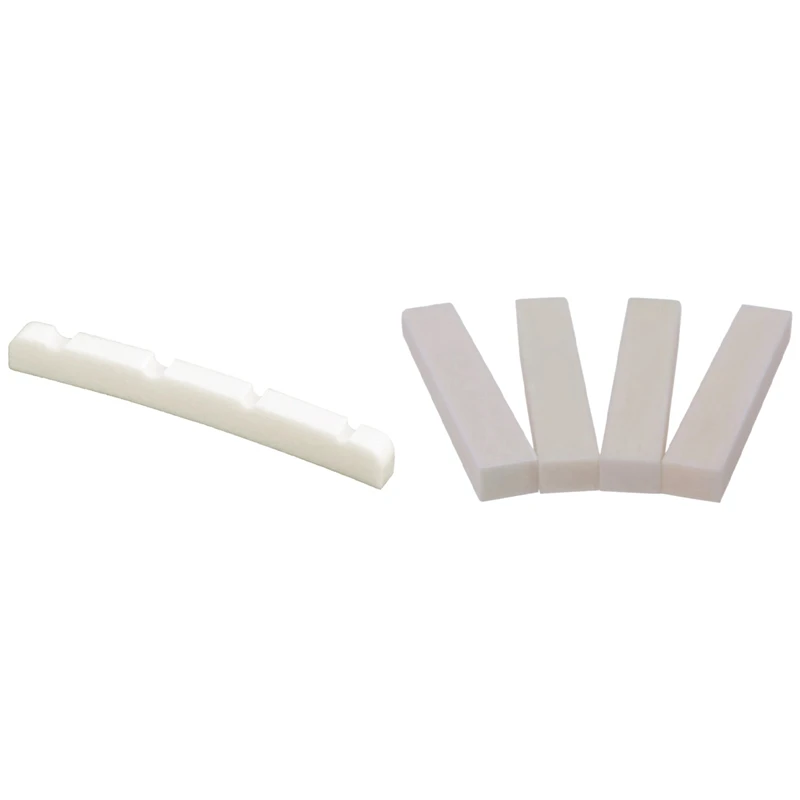 

5 Pcs Musical Instrument Accessories: 4 Pcs Bone Material DIY Unslotted Nut & 1 Pcs Slotted Curved Bone Bass Nut