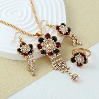 fashion antique ethnic bridal crystal flower necklace earrings ring jewelry sets for women vintage boho party jewelry wholesale