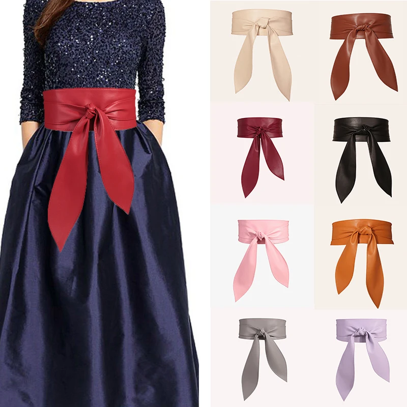 New Popular Waistband Women Soft Pu Leather Belts Ties Bowknot Wide Waistbands Ladies Dress Decoration Lace Up Belt Cummerbund