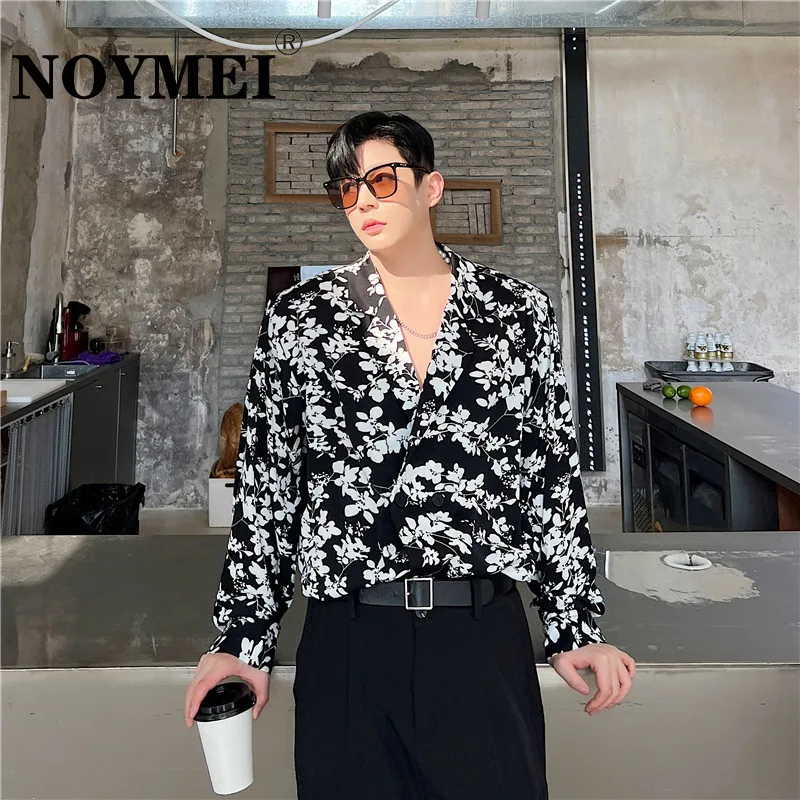 

NOYMEI Fashion Niche Floral Cuban Collar Loose Casual Thin Men Shirt New 2023 Summer Long Sleeve Single Breasted Male Top WA1392