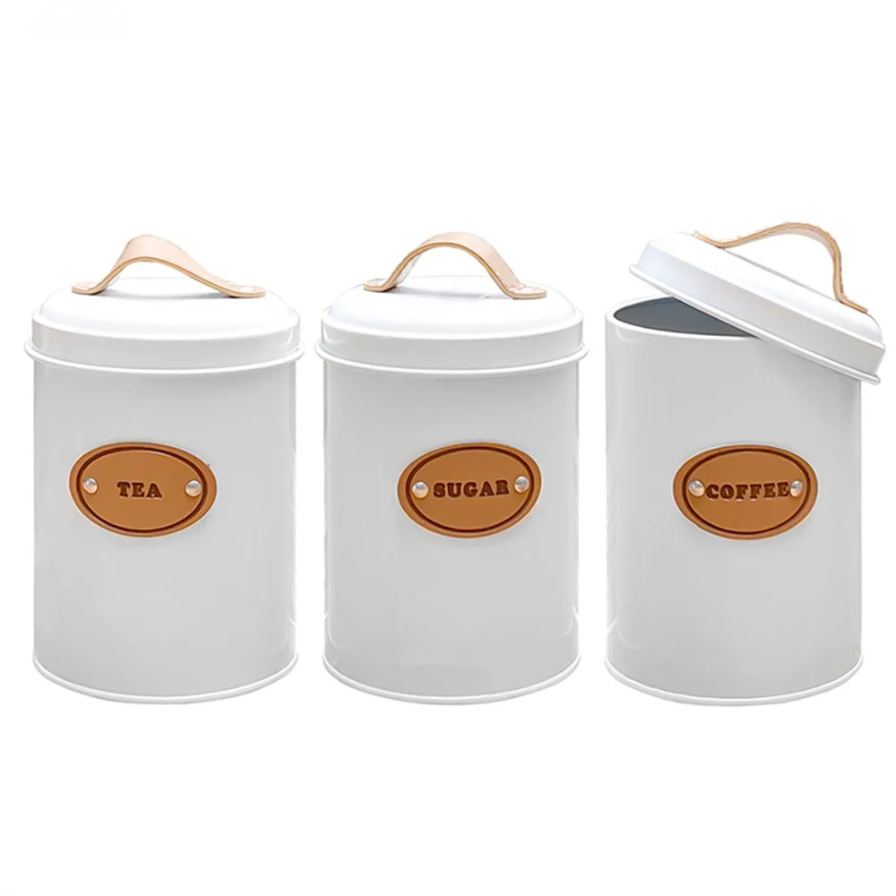 

Candy Tea With Jars White Kitchen Organizer 3pcs Canister Metal Coffee Storage Box Cans Black Lids Box Bottles Sealed Sugar