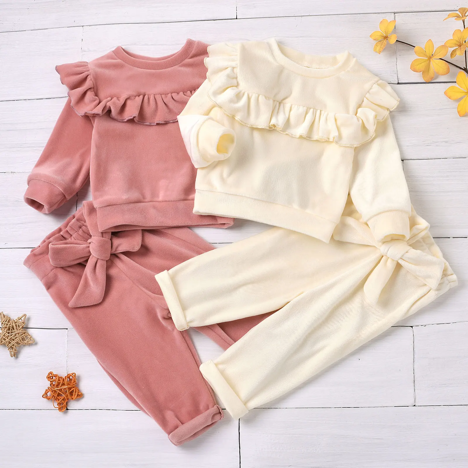 Toddler Baby Girls Clothes Sets Baby 0-12M Autumn Winter Warm Smooth Velvet Outfits Ruffle Trim Top Bow Pants Tracksuits Kids enlarge