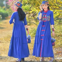 2022 woman chinese traditional hanfu dress national flower embroidery cotton linen dress retro performance stage dance dress