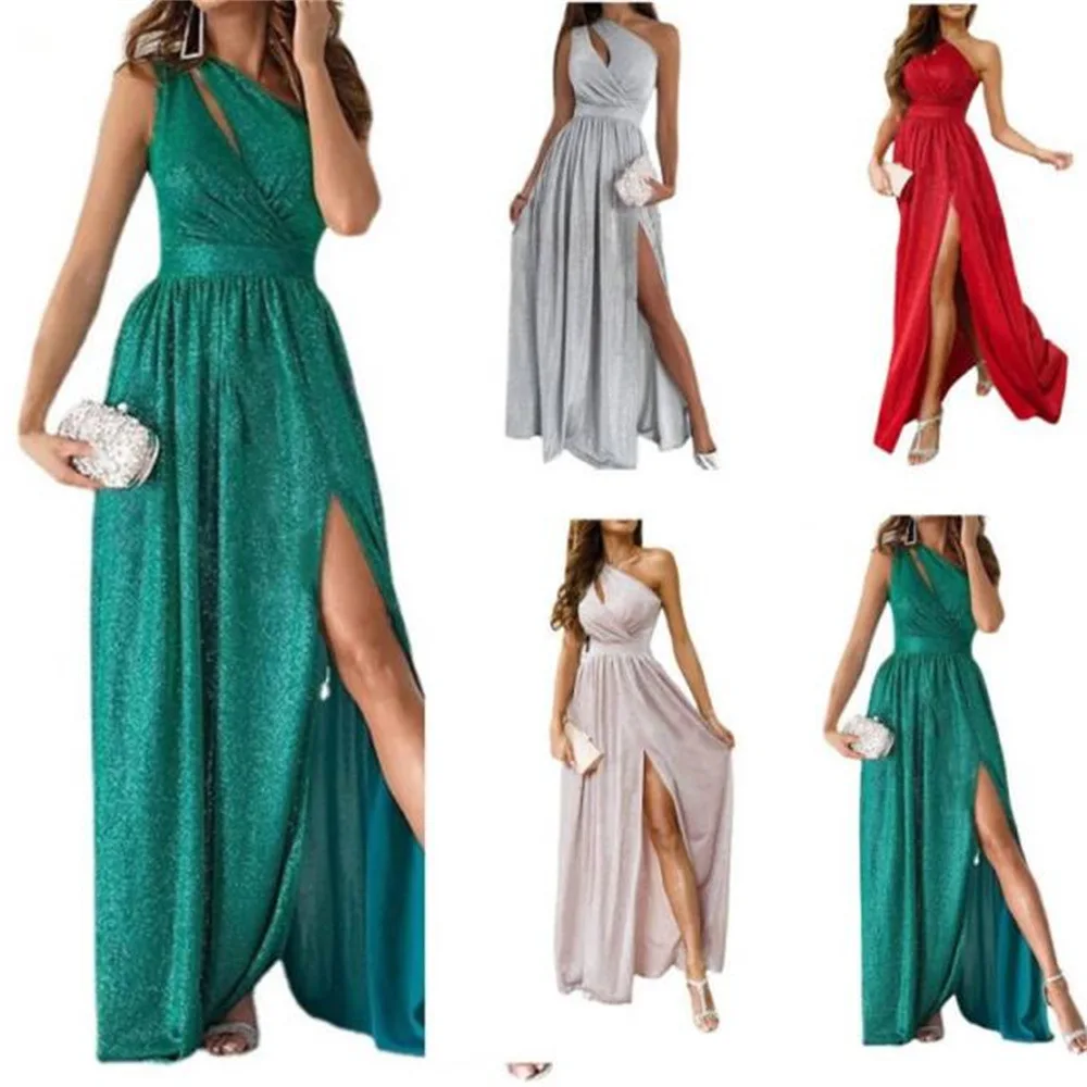 

Women's Dress 2022 Summer Sleeveless One Shoulder Sleeve Hollow Cross Hanging Neck Waist Sexy Pure Color Shiny Open Long Dress