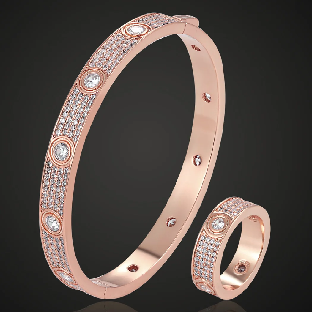 

Trendy Luxury brand Europe AAA pave cubic zircon bangle with ring wedding jewelry sets women's party love bangle free shipping