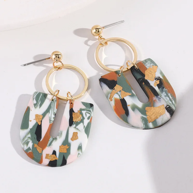 

Handmade Polymer Clay Drop Earrings for Women Girls Fashion U-shape Abstract Pattern Metal Dangle Unusual Earring Jewelry