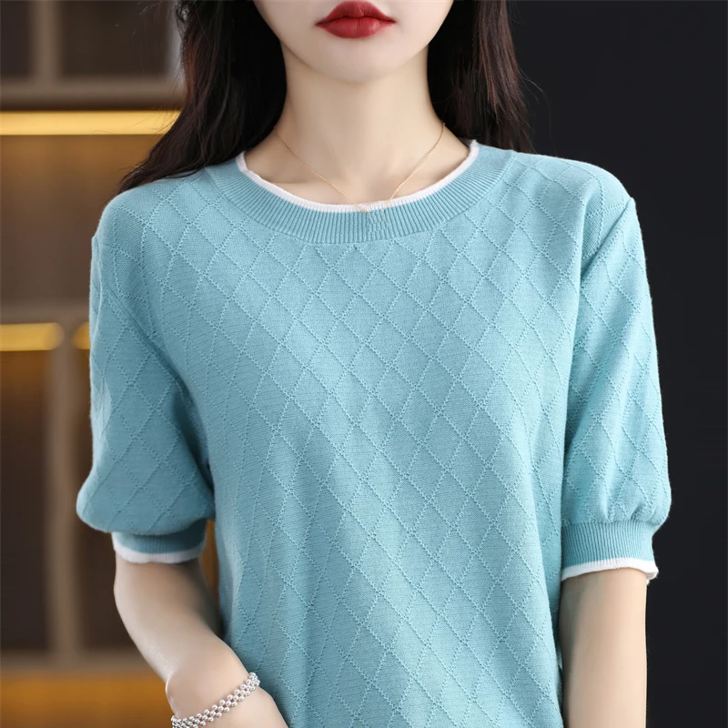 Женский свитер с круглым вырезом и коротким рукавом блузка однотонный