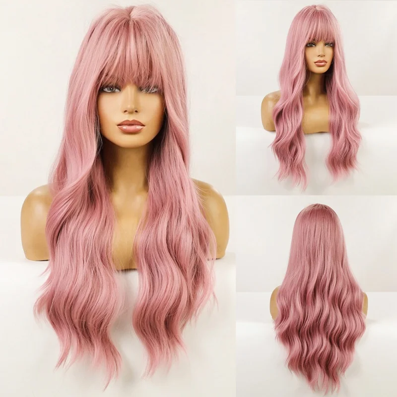 

oneNonly Long Pink Wig with Bangs Natural Wave Heat Resistant Wavy Hair Synthetic Wigs for Women Lolita Cosplay