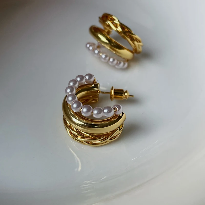 

Серьги LONDANY, французские трехслойные металлические жемчужные серьги, плетеные витые серьги из жареного теста с перекрестной нитью, текстурные серьги