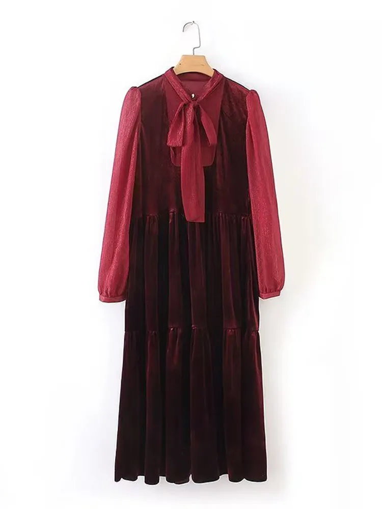 

Women 2022 Autumn New Chic Fashion Velvet Texture Panel Dress Vintage Long Sleeve Female Dresses Vestidos Mujer