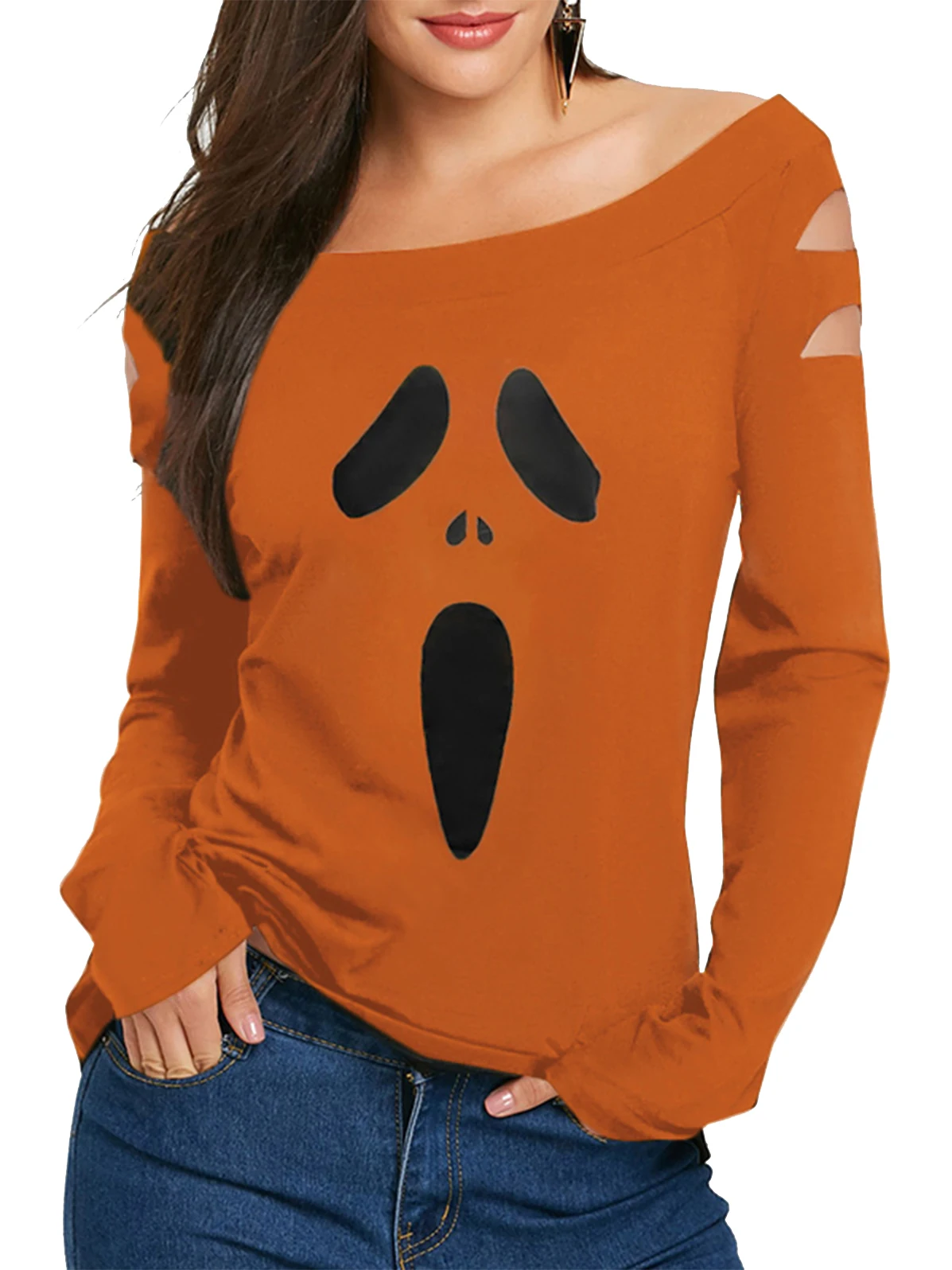 

Halloween Skew Neck Women T Shirt Pumpkin Print Long Sleeves Gothic Tee Oblique Shoulder Autumn Female T-Shirts