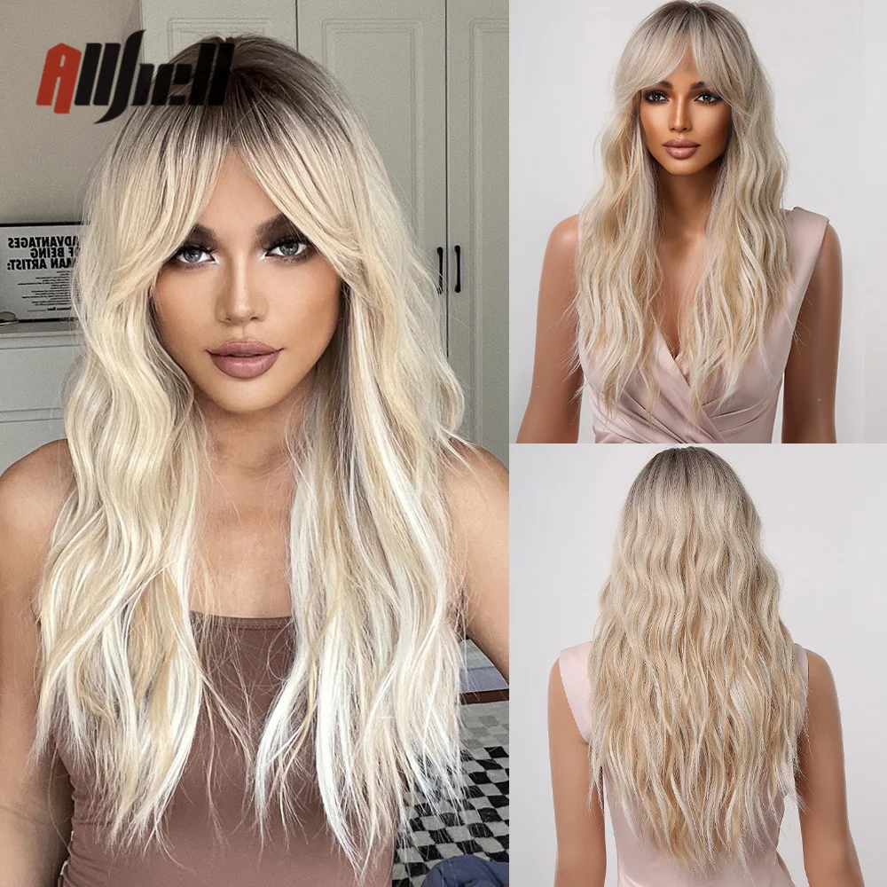 

Ombre Platinum Blonde Synthetic Wigs for Black Women Long Wavy Wigs with Side Bangs Heat Resistant Afro Cosplay Daily Hair