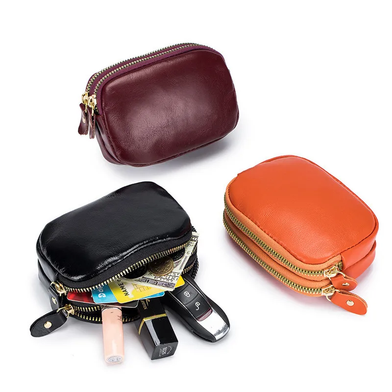 

Double Zipper Retro Coin Purse Top Layer Oil Wax Leather Women's Short Small Wallets ID Credit Card Holder Key Case Money Bag