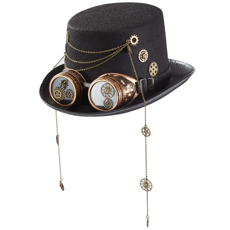 

Gothic Goggles Hat Steampunk Gears Chains Black Fedora Party Club Proforming Prop Top Hat Lolita Accessories