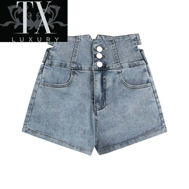 

High Waist Women Fashion New Single-Breasted Button Back Cross Hollow Design Summer Ins Denim Shorts Female