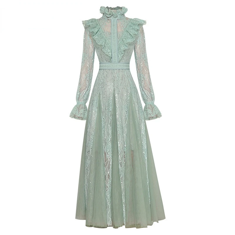 

Dresses For Women 2023 Runway Luxury Designer High Quality Elegant Summer Stand Collar Flared Long Sleeve Ruffled edge Dress