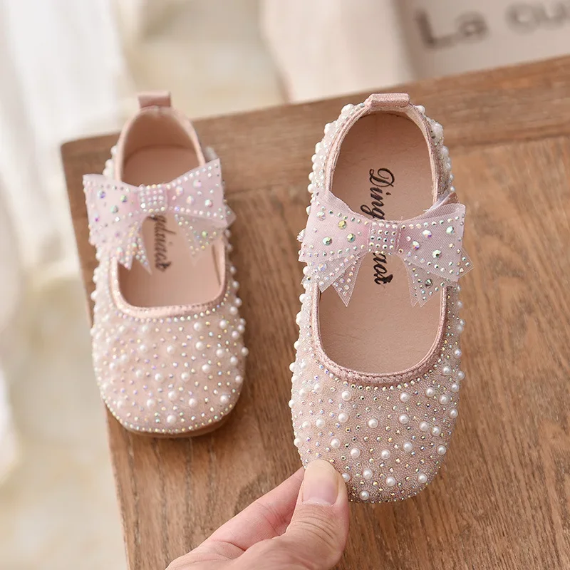 

Girls Single Princess Shoes Pearl Shallow Children's Flat Shoes 2022 New Spring Autumn Kid Baby Bowknot Girls Party Dance Shoes