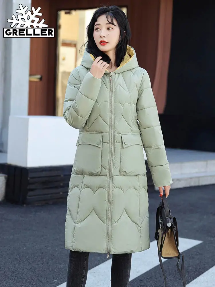 GRELLER 2022 Winter Women's Long Parkas Both Two Sides Wear Cotton Padded Puffer Jacket Fashion Elegant Quilted Coats for Women