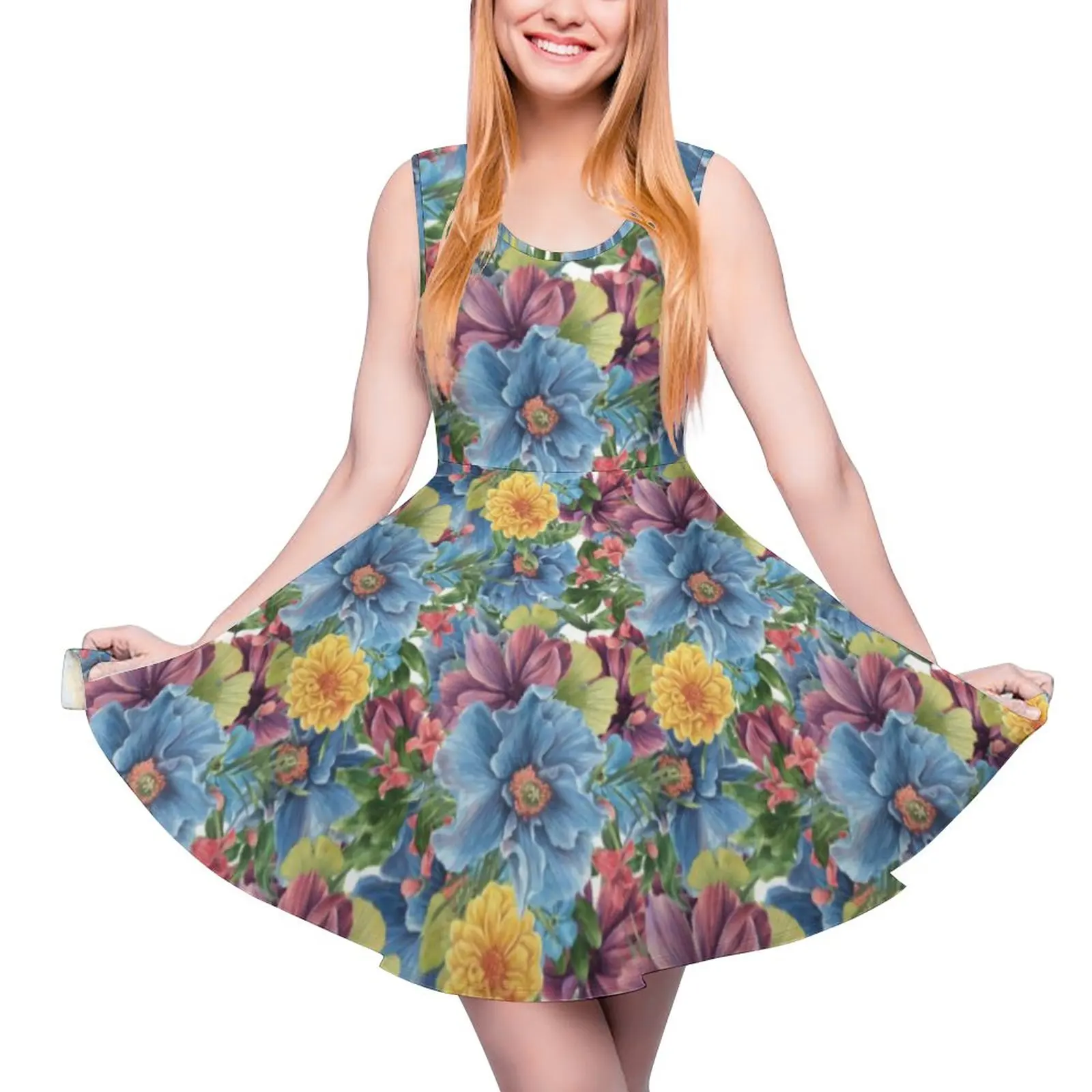 

Colorful Flower Dress Elegant Floral Print Cute Dresses High Waist Aesthetic Graphic Skate Dress Summer Woman Oversized Vestido