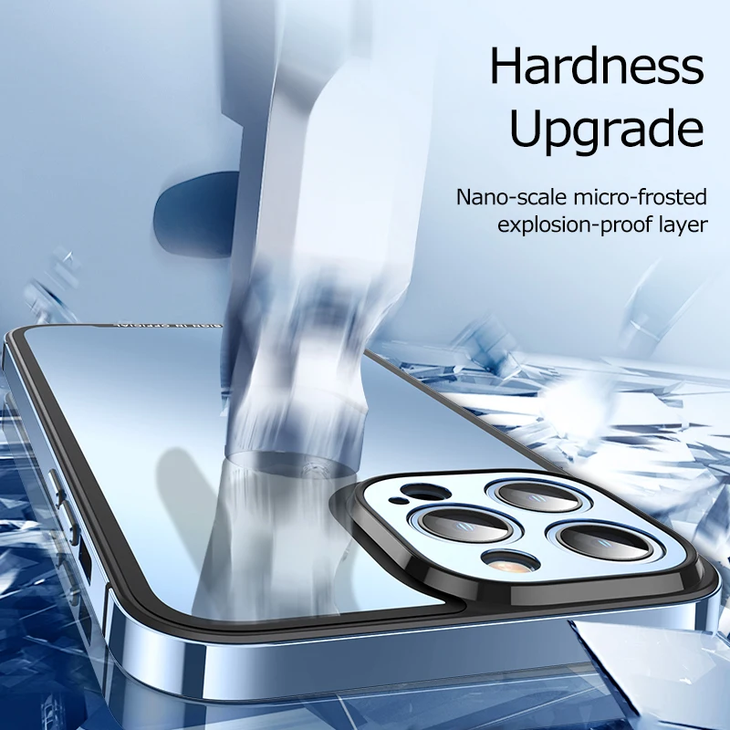 Metal Phone Cases For iPhon 12 13 14 Plus Pro Max Stainless Steel Frame Transparent Matte Glass Back Cover Metal Lens Protection