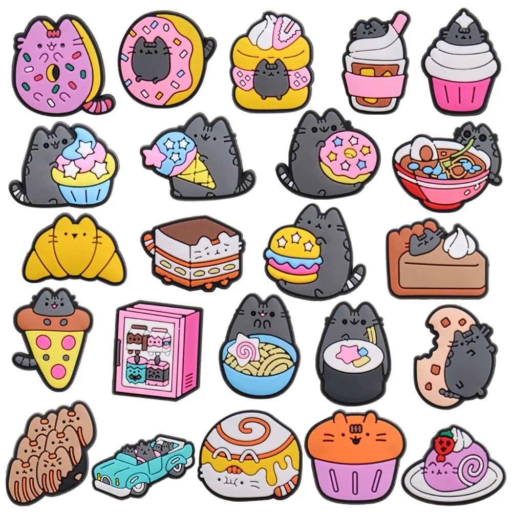 

1-23PCS PVC Animal Croc Jibz Kawaii Cat Cake Car Noodles Pizza Burger Croissant Drink Garden Shoes Button Decoration Accessories