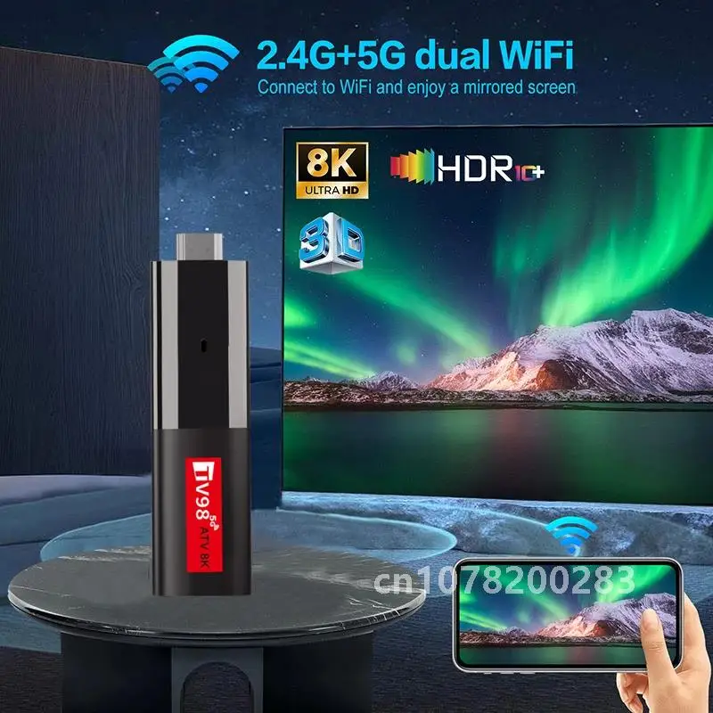 TV98 ATV Mini TV Stick Android 14 Allwinner H618 Четырехъядерный процессор Cortex A53 Поддержка 8K Видео 4K