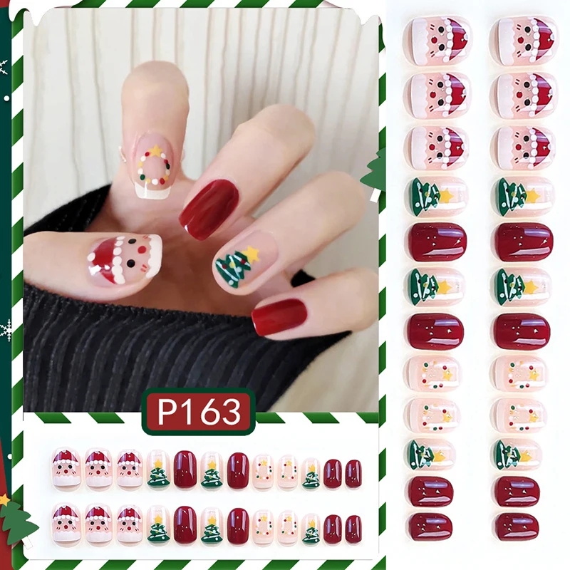 

Nail Decor Press On Nails Nail Decor Artificial Christmas False Nail 24PCS Full Cover Manicure Short Square Wearable Stickers