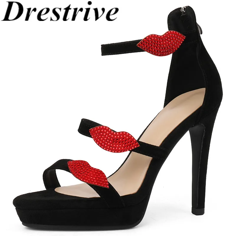 

Drestrive Fashion Women's Sandals Sheep Suede Platform Red Lips 2022 Summer Shoes Thin High Heel Black Zipper Top Quality