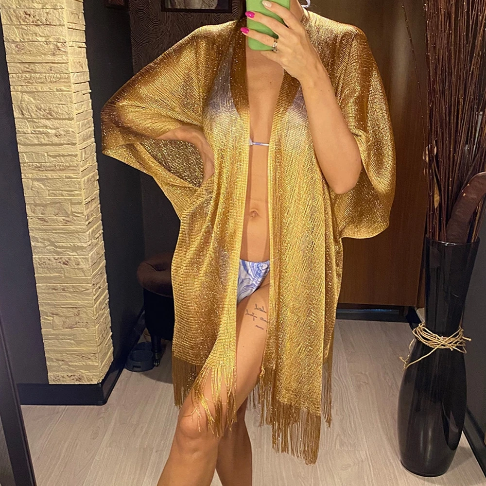 

Sexy Fringe Tassel Mesh Sheer Shiny Knitted Tunic Beach Cover Up Cover-ups Beach Dress Beach Wear Beachwear Female Women V3321