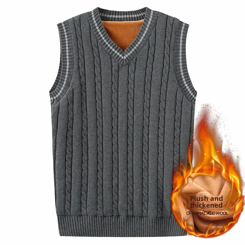 Вязаный жилет на флисовой подкладке без рукавов мужской теплый свитер