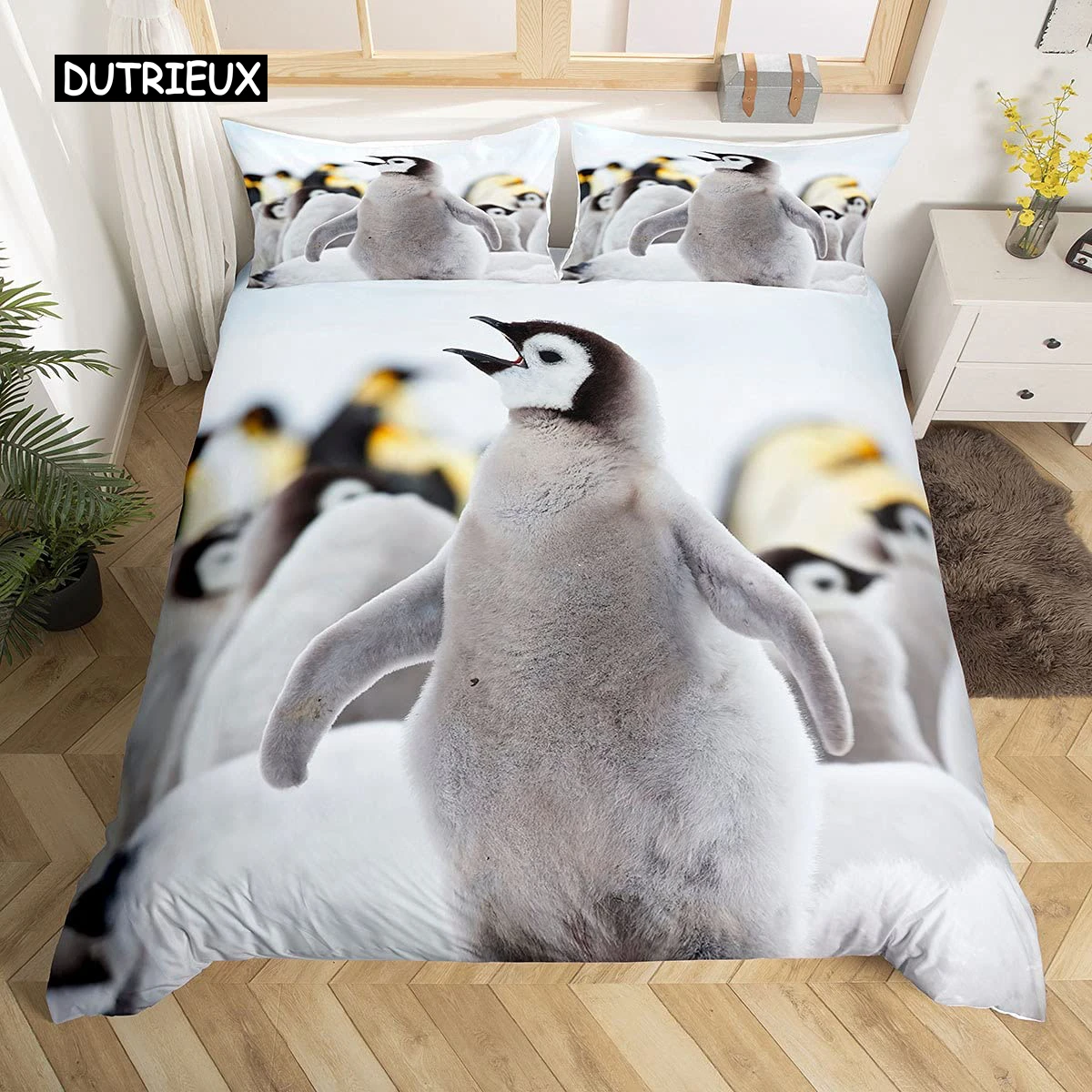

Комплект постельного белья для детей, с рисунком пингвина, пододеяльник, Королевский размер, милый рисунок животных, мягкий пододеяльник для подростков