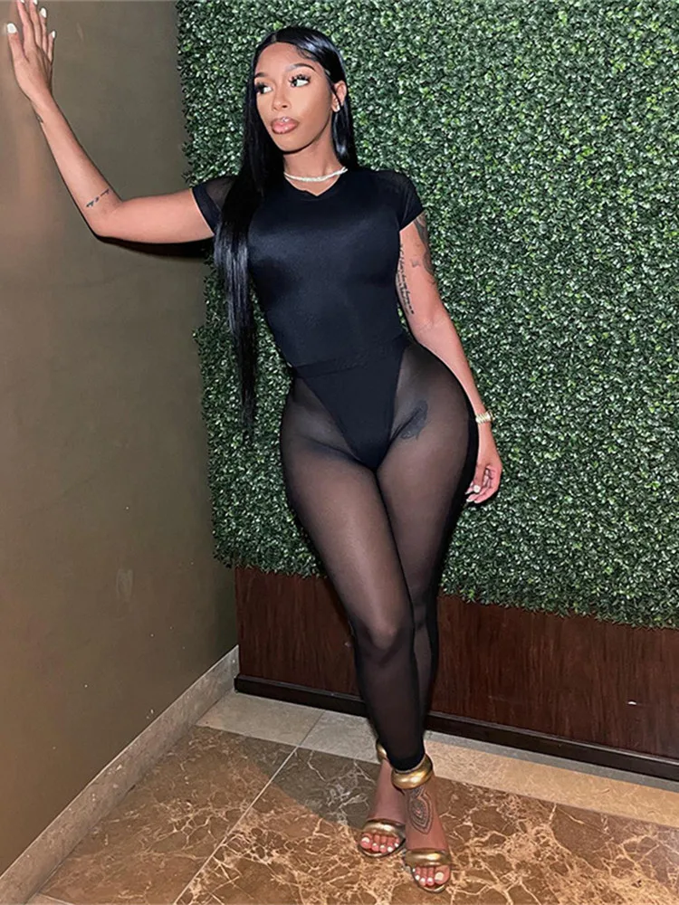 

Akaily Sexy Womens 2 Two Peice Sets Outfits Short Sleeve Bodysuit Skinny Mesh See Through Pants Sets Black Matching Sets 2022