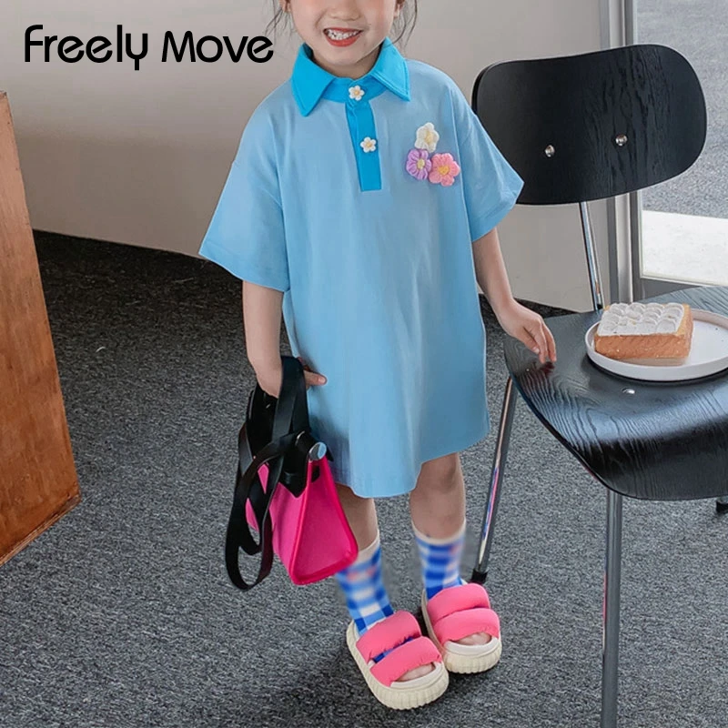 

Freely Move Girls Dress Summer 2022 Polo Collar Half Sleeve Knee-Length Flower Decor Cotton Dress Casual Wear Children Dress