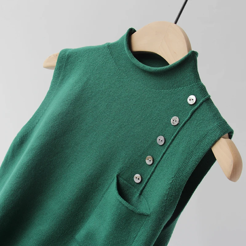 

Вязаный женский жилет, топы на бретельках, лето 2022, новинка, водолазка на пуговицах, без рукавов, однотонный, тонкий, женский, элегантный, тянет топы, футболки