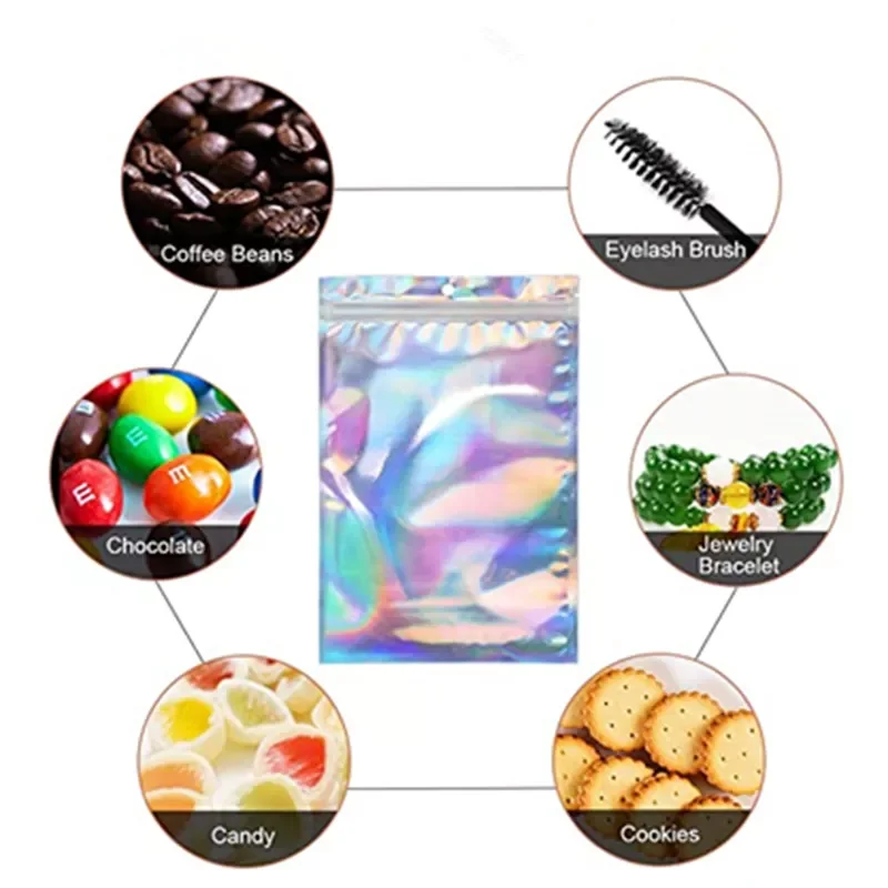 

50pcs 4 Sizes Laser packaging bag Flat Bath Salt Cosmetic Bag One Side Clear Holographic Mini Aluminum Foil Zip Lock Bags Thick