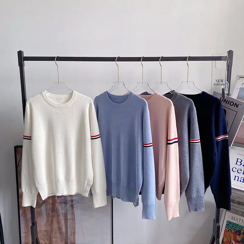 

High Quality Korean TB Academic Arm Stripe Contrast Knit Sweater Spring and Autumn Loose Fitting Slouchy Round Neck Pullover