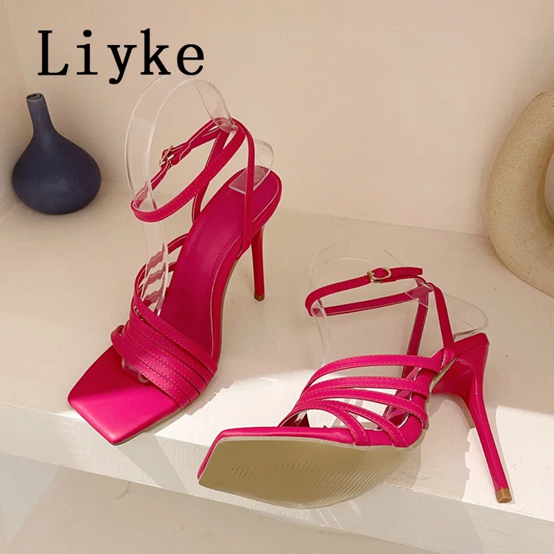 

Liyke элегантные фиолетовые розовые сандалии с квадратным носком, женские летние модные сандалии с ремешком на щиколотке и пряжкой, гладиаторы на высоком каблуке, классические туфли-лодочки