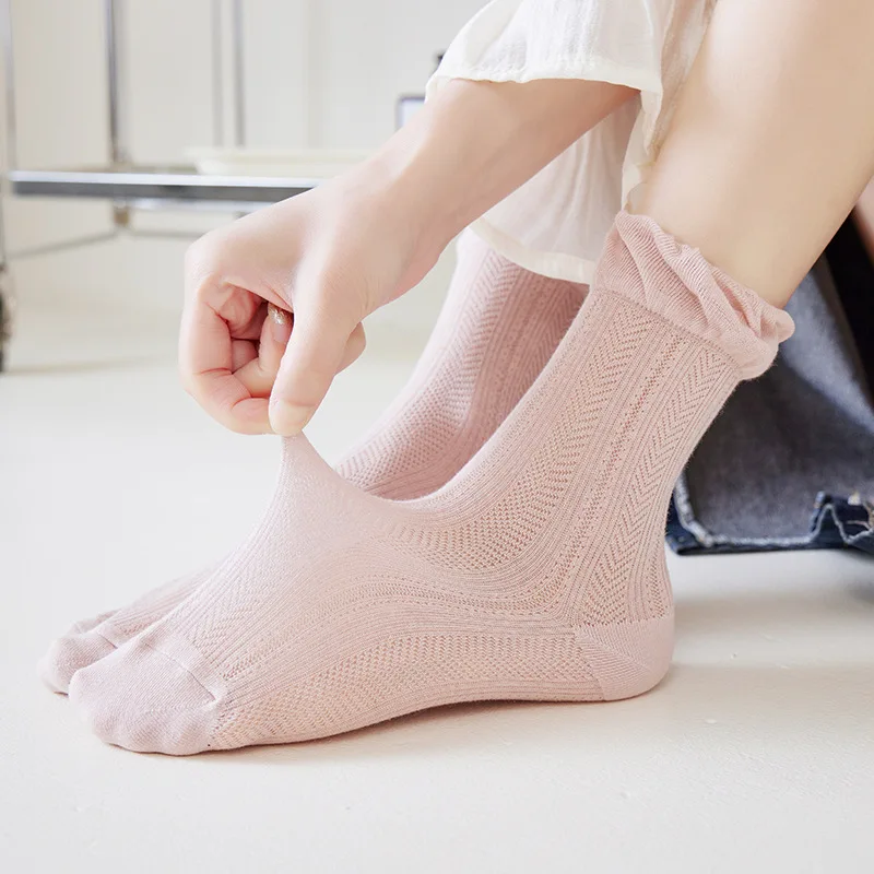 

Summer Thin Lace Frilly Ruffle Socks Hollow Out Mesh Breathable Loose Long Socks Women Fashion Solid Color Home Wear Sleep Socks