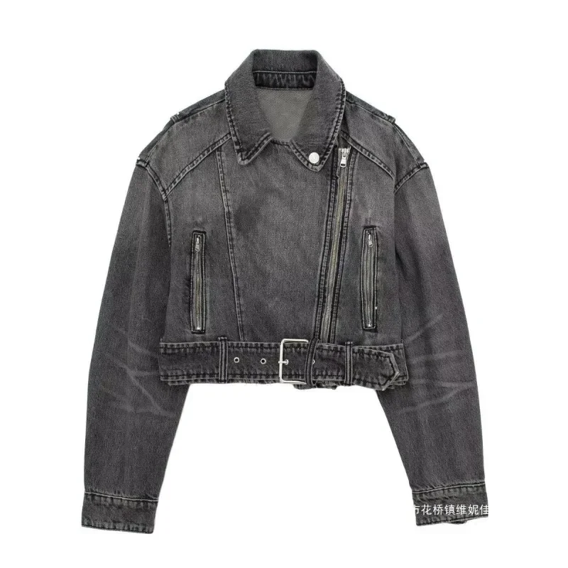 

Женская джинсовая куртка на молнии, шикарная куртка с отложным воротником и длинным рукавом, карманами и металлической пряжкой спереди, весна-осень 2023