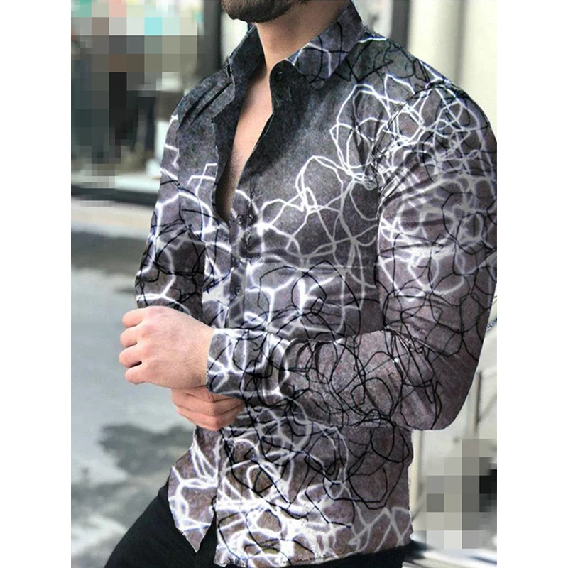 

Luxury fashion social men's shirts turn-down buttoned collar shirt casual long sleeve print line tops men's clothing graduation