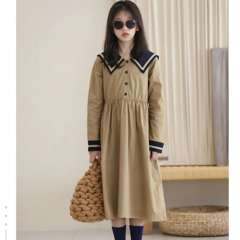 

Teen Girls School Midi Dress Preppy Kids Cotton Dresses Autumn 2022 New Children Uniform Clothes Khaki Dark Blue Patchwork A334