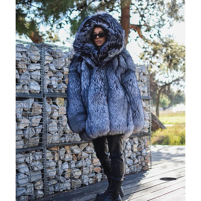 Genuine Sliver Fox Fur Coat Woemn Winter New Hooded Thicken Long Sleeve Outertwear Natural Warm Fox Fur Jackets Female