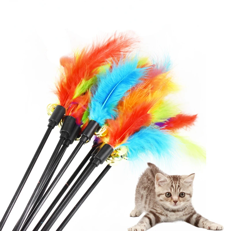 1pcs Funny Kitten Cat Teaser Interactive Toy Rod with Bell Feather Toys For Pet Cats Stick Wire Chaser Wand Toy Random Color