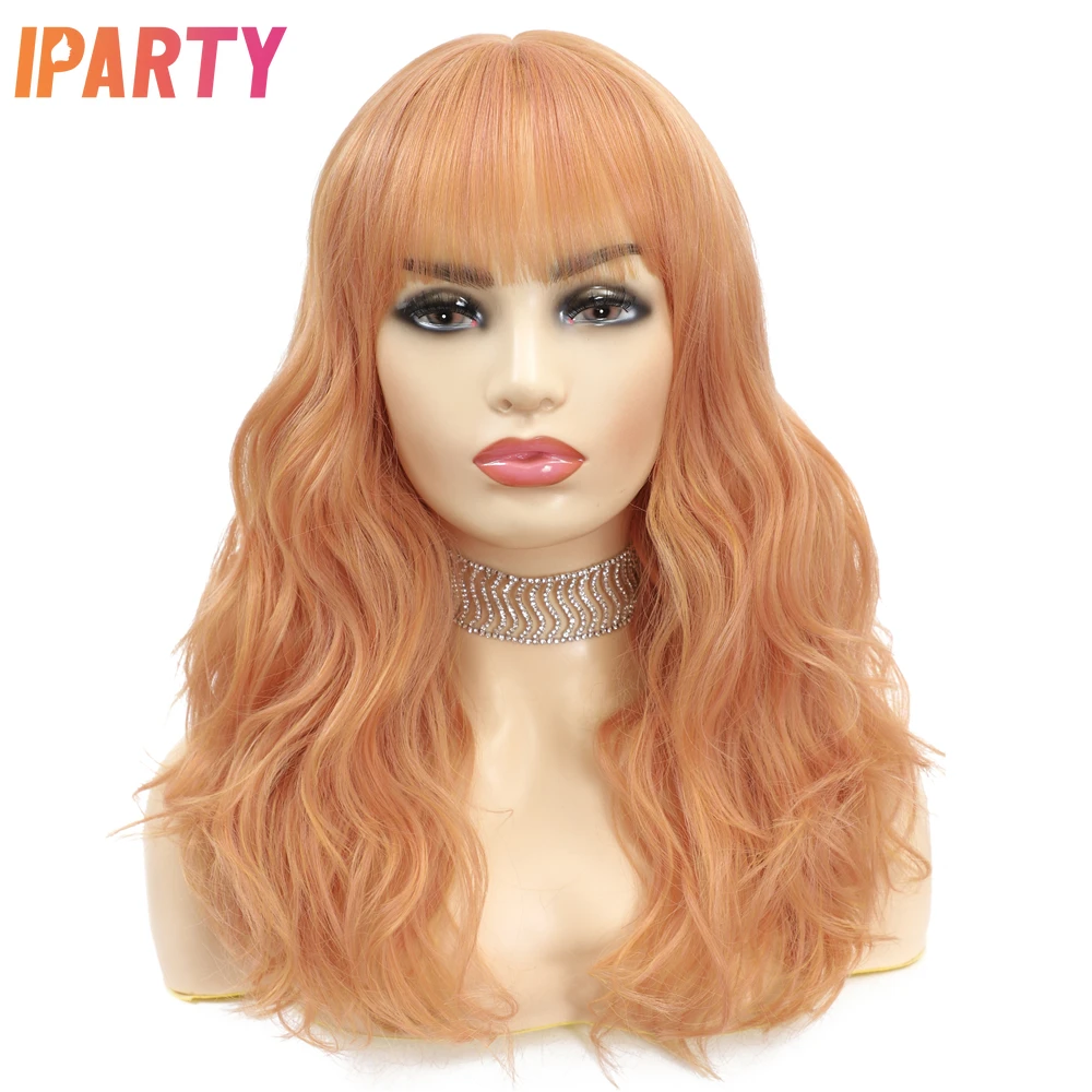 

Iparty 14 Inches Synthetic Machine Wigs With Bangs Light Orange Color Wavy Heat Resistant Fibers Wig Multi Color Optional Daily