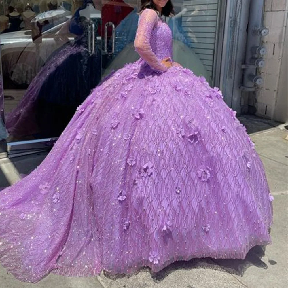 

ANGELSBRIDEP Lavender Lilac Princess Quinceanera Dresses Illusion Long Sleeve 3D Floral Beaded Lace-up Vestidos De Xv Años