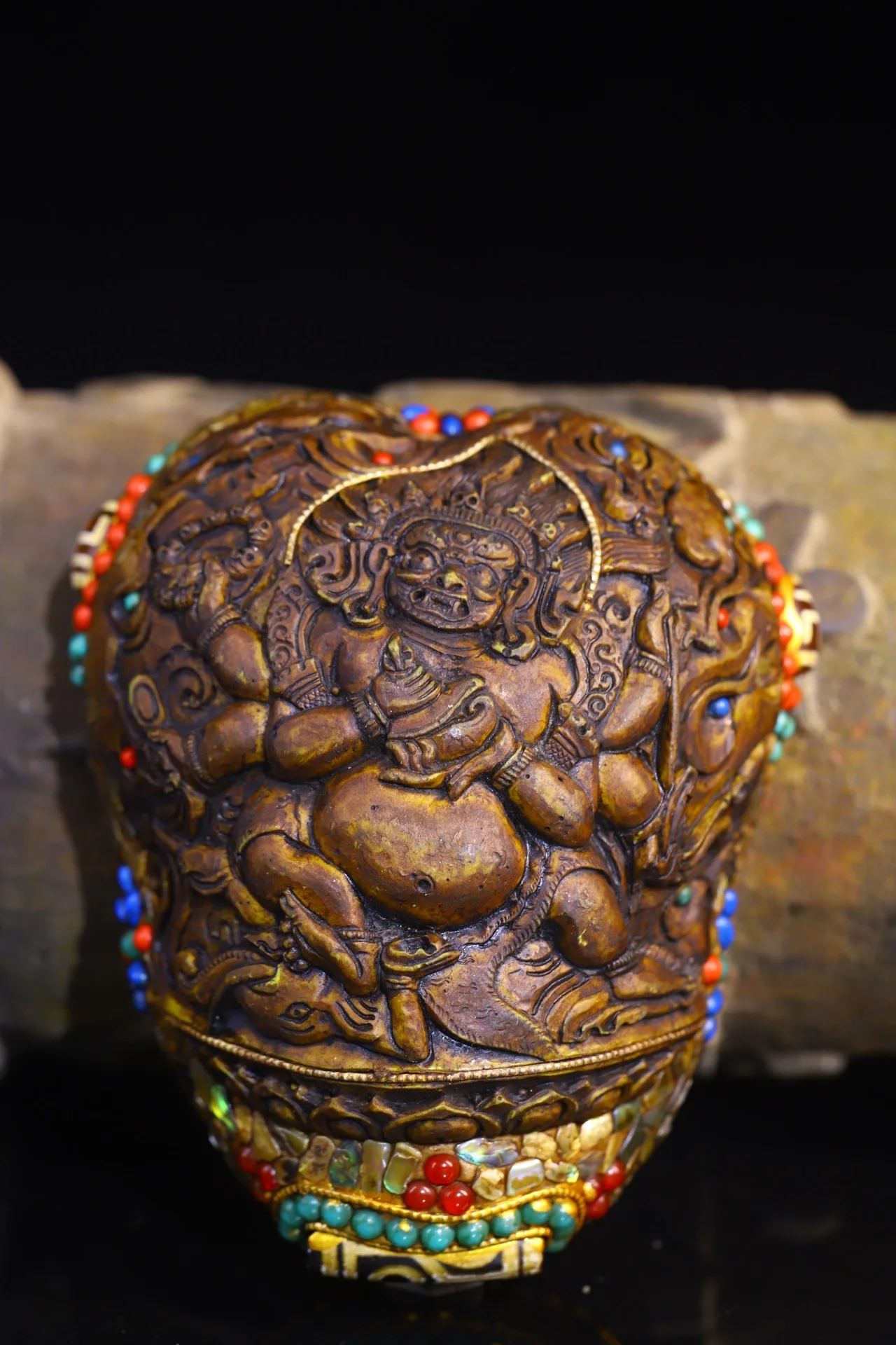 

4"Tibet Temple Collection Old Gabbra Tibetan silver Mosaic Gem gZi Beads Shell Six Mahakala Kapala Gabbra Bowl Amulet Dharma