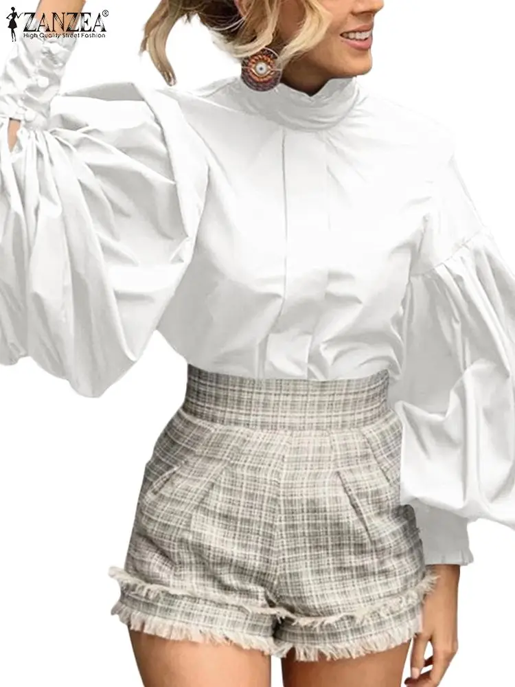 ZANZEA Женская Блузка С Длинными Рукавами-фонариками Повседневная Складная Офисная