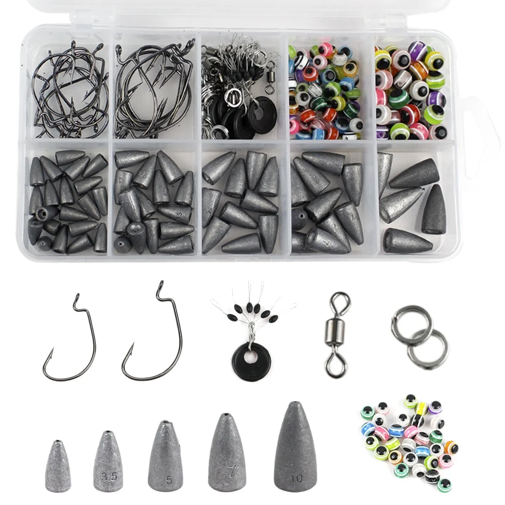 

225Pcs Fishing Rig Bass Fishing -Weights for Fishing Sinkers Hooks Rolling Barrel Fishing Rings Fishing Tackle Kit